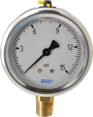 Wika - 2-1/2" Dial, 1/4 Thread, 0-15 Scale Range, Pressure Gauge - Lower Connection Mount, Accurate to 1.5% of Scale - All Tool & Supply