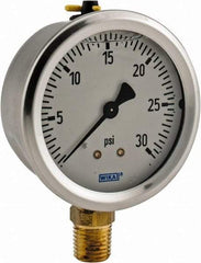 Wika - 2-1/2" Dial, 1/4 Thread, 0-30 Scale Range, Pressure Gauge - Lower Connection Mount, Accurate to 1.5% of Scale - All Tool & Supply