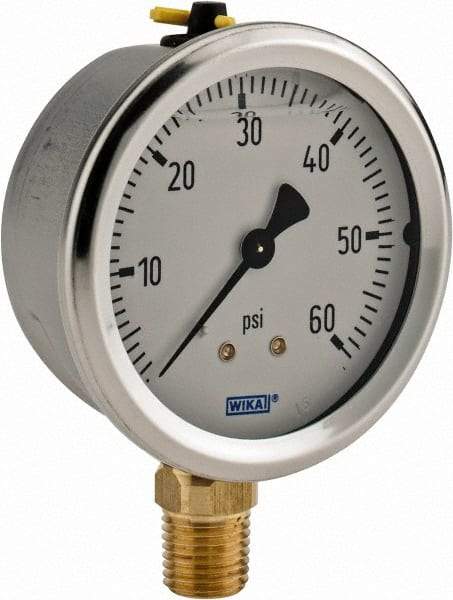 Wika - 2-1/2" Dial, 1/4 Thread, 0-60 Scale Range, Pressure Gauge - Lower Connection Mount, Accurate to 1.5% of Scale - All Tool & Supply