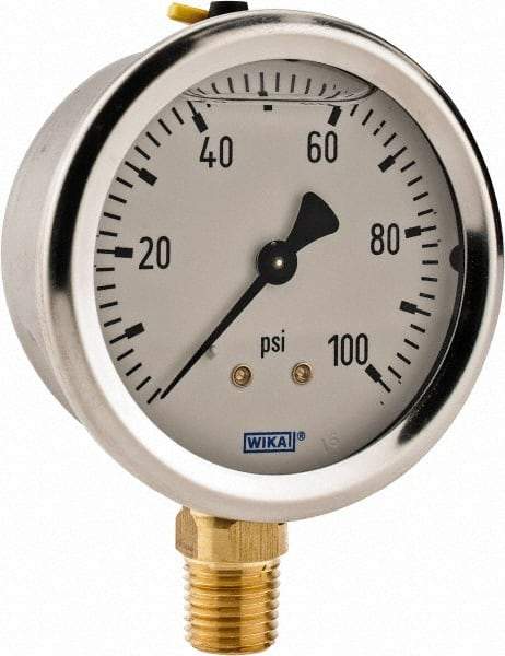 Wika - 2-1/2" Dial, 1/4 Thread, 0-100 Scale Range, Pressure Gauge - Lower Connection Mount, Accurate to 2-1-2% of Scale - All Tool & Supply