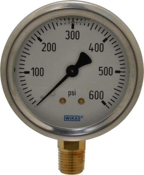 Wika - 2-1/2" Dial, 1/4 Thread, 0-600 Scale Range, Pressure Gauge - Lower Connection Mount, Accurate to 1.5% of Scale - All Tool & Supply