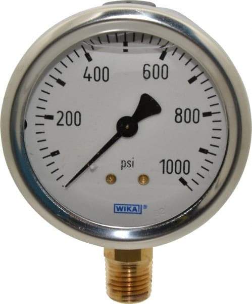 Wika - 2-1/2" Dial, 1/4 Thread, 0-1,000 Scale Range, Pressure Gauge - Lower Connection Mount, Accurate to 1.5% of Scale - All Tool & Supply