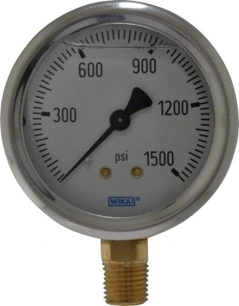 Wika - 2-1/2" Dial, 1/4 Thread, 0-1,500 Scale Range, Pressure Gauge - Lower Connection Mount, Accurate to 1.5% of Scale - All Tool & Supply