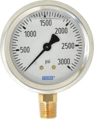 Wika - 2-1/2" Dial, 1/4 Thread, 0-3,000 Scale Range, Pressure Gauge - Lower Connection Mount, Accurate to 1.5% of Scale - All Tool & Supply