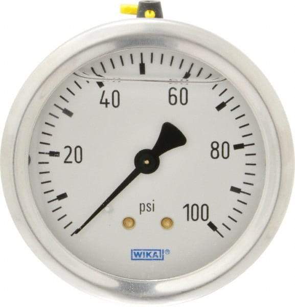 Wika - 2-1/2" Dial, 1/4 Thread, 0-100 Scale Range, Pressure Gauge - Center Back Connection Mount, Accurate to 1.5% of Scale - All Tool & Supply