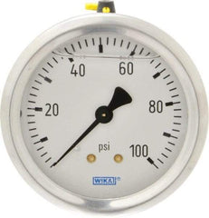 Wika - 2-1/2" Dial, 1/4 Thread, 0-100 Scale Range, Pressure Gauge - Center Back Connection Mount, Accurate to 1.5% of Scale - All Tool & Supply