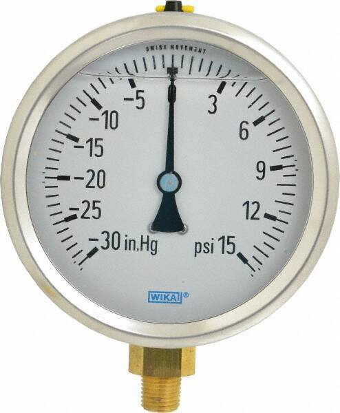 Wika - 4" Dial, 1/4 Thread, 30-0-15 Scale Range, Pressure Gauge - Lower Connection Mount, Accurate to 1% of Scale - All Tool & Supply