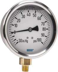 Wika - 4" Dial, 1/4 Thread, 30-0-100 Scale Range, Pressure Gauge - Lower Connection Mount, Accurate to 1% of Scale - All Tool & Supply