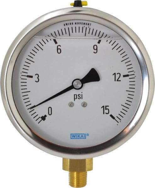 Wika - 4" Dial, 1/4 Thread, 0-15 Scale Range, Pressure Gauge - Lower Connection Mount, Accurate to 1% of Scale - All Tool & Supply