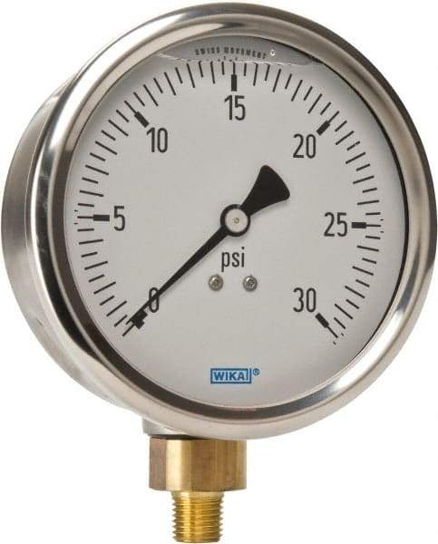 Wika - 4" Dial, 1/4 Thread, 0-30 Scale Range, Pressure Gauge - Lower Connection Mount, Accurate to 1% of Scale - All Tool & Supply