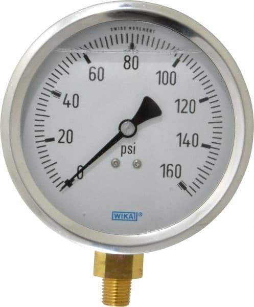 Wika - 4" Dial, 1/4 Thread, 0-160 Scale Range, Pressure Gauge - Lower Connection Mount, Accurate to 1% of Scale - All Tool & Supply