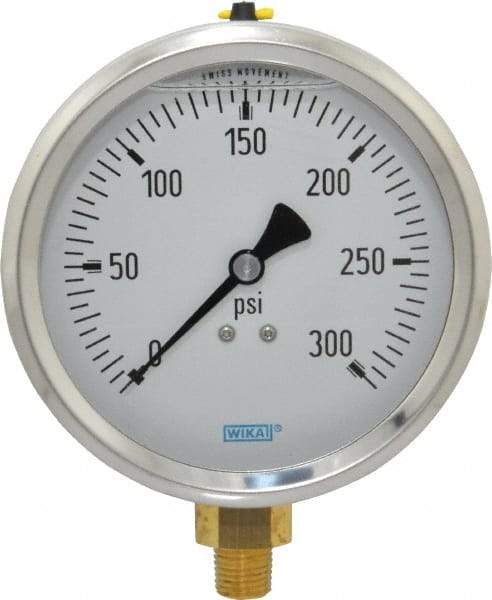 Wika - 4" Dial, 1/4 Thread, 0-300 Scale Range, Pressure Gauge - Lower Connection Mount, Accurate to 1% of Scale - All Tool & Supply