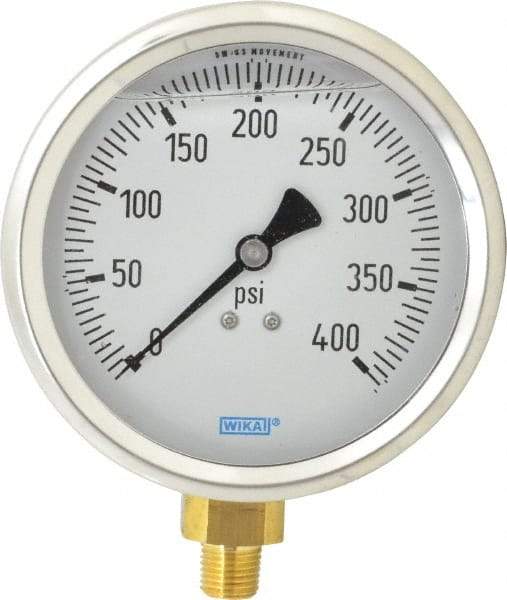 Wika - 4" Dial, 1/4 Thread, 0-400 Scale Range, Pressure Gauge - Lower Connection Mount, Accurate to 1% of Scale - All Tool & Supply