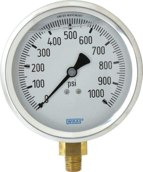 Wika - 4" Dial, 1/4 Thread, 0-1,000 Scale Range, Pressure Gauge - Lower Connection Mount, Accurate to 1% of Scale - All Tool & Supply