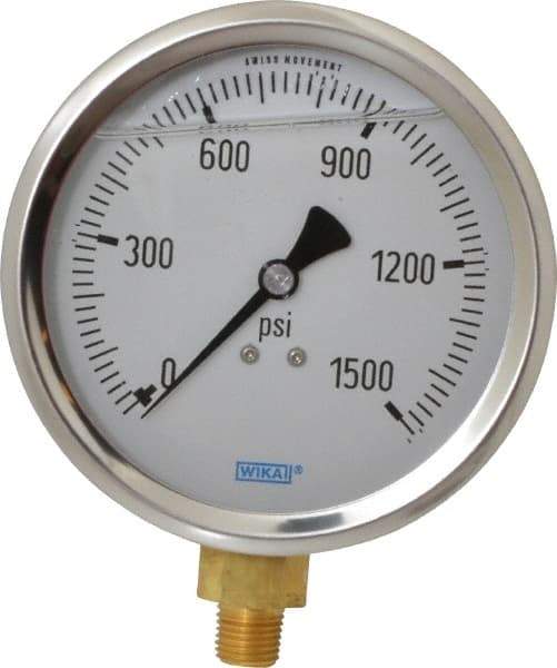 Wika - 4" Dial, 1/4 Thread, 0-1,500 Scale Range, Pressure Gauge - Lower Connection Mount, Accurate to 1% of Scale - All Tool & Supply