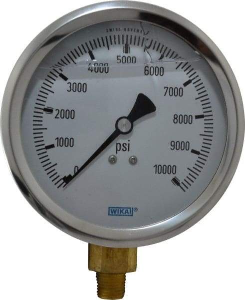 Wika - 4" Dial, 1/4 Thread, 0-10,000 Scale Range, Pressure Gauge - Lower Connection Mount, Accurate to 1% of Scale - All Tool & Supply