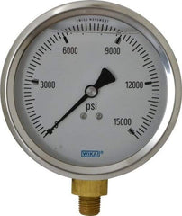 Wika - 4" Dial, 1/4 Thread, 0-15,000 Scale Range, Pressure Gauge - Lower Connection Mount, Accurate to 1% of Scale - All Tool & Supply