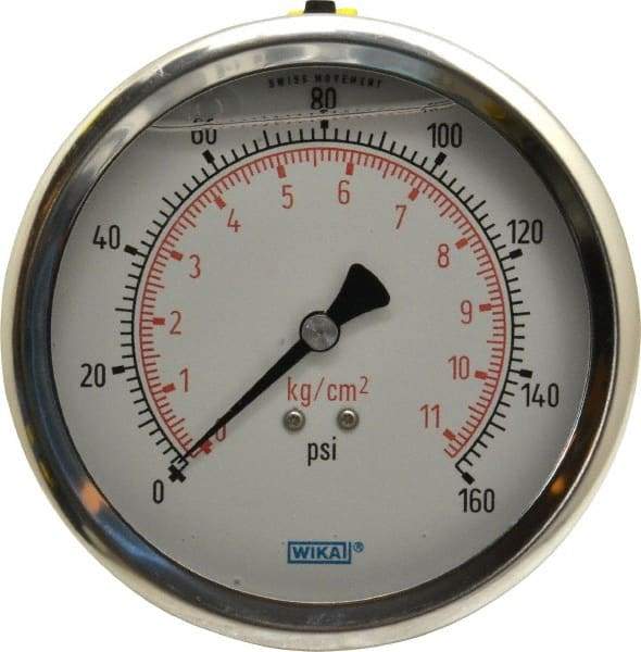 Wika - 4" Dial, 1/4 Thread, 0-160 Scale Range, Pressure Gauge - Lower Back Connection Mount, Accurate to 1% of Scale - All Tool & Supply