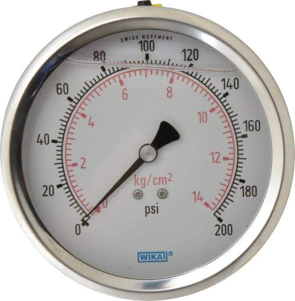 Wika - 4" Dial, 1/4 Thread, 0-200 Scale Range, Pressure Gauge - Lower Back Connection Mount, Accurate to 1% of Scale - All Tool & Supply