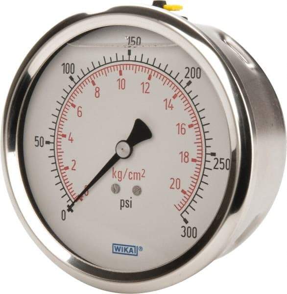 Wika - 4" Dial, 1/4 Thread, 0-300 Scale Range, Pressure Gauge - Lower Back Connection Mount, Accurate to 1% of Scale - All Tool & Supply