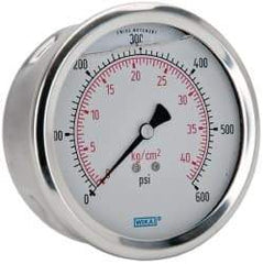 Wika - 4" Dial, 1/4 Thread, 0-600 Scale Range, Pressure Gauge - Lower Back Connection Mount, Accurate to 1% of Scale - All Tool & Supply