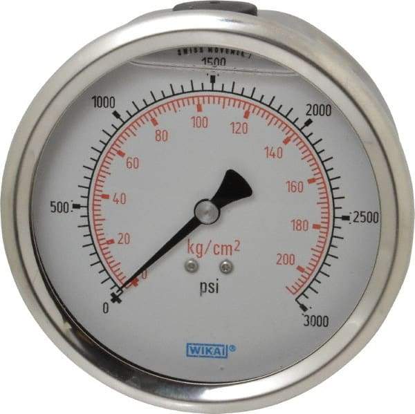 Wika - 4" Dial, 1/4 Thread, 0-3,000 Scale Range, Pressure Gauge - Lower Back Connection Mount, Accurate to 1% of Scale - All Tool & Supply