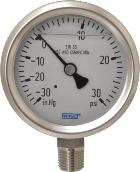 Wika - 2-1/2" Dial, 1/4 Thread, 30-0-30 Scale Range, Pressure Gauge - Lower Connection Mount, Accurate to 1.5% of Scale - All Tool & Supply