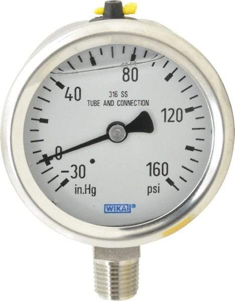 Wika - 2-1/2" Dial, 1/4 Thread, 30-0-160 Scale Range, Pressure Gauge - Lower Connection Mount, Accurate to 1.5% of Scale - All Tool & Supply