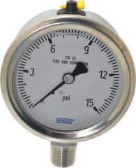 Wika - 2-1/2" Dial, 1/4 Thread, 0-15 Scale Range, Pressure Gauge - Lower Connection Mount, Accurate to 1.5% of Scale - All Tool & Supply