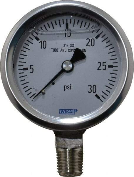 Wika - 2-1/2" Dial, 1/4 Thread, 0-30 Scale Range, Pressure Gauge - Lower Connection Mount, Accurate to 1.5% of Scale - All Tool & Supply