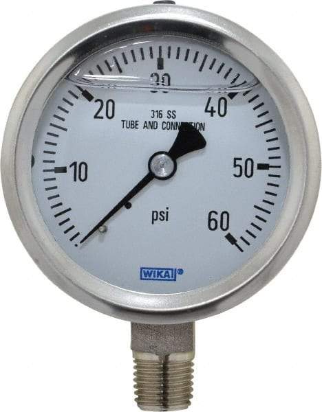 Wika - 2-1/2" Dial, 1/4 Thread, 0-60 Scale Range, Pressure Gauge - Lower Connection Mount, Accurate to 1.5% of Scale - All Tool & Supply