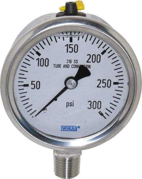 Wika - 2-1/2" Dial, 1/4 Thread, 0-300 Scale Range, Pressure Gauge - Lower Connection Mount, Accurate to 1.5% of Scale - All Tool & Supply