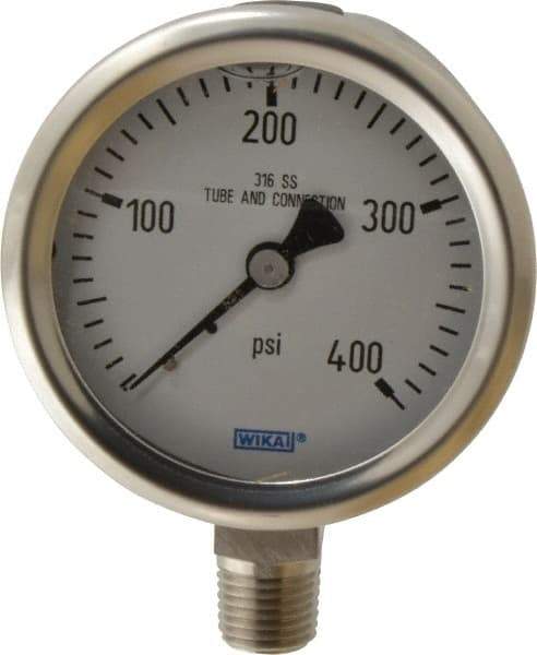 Wika - 2-1/2" Dial, 1/4 Thread, 0-400 Scale Range, Pressure Gauge - Lower Connection Mount, Accurate to 1.5% of Scale - All Tool & Supply