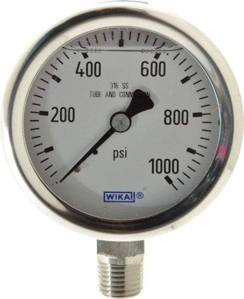 Wika - 2-1/2" Dial, 1/4 Thread, 0-1,000 Scale Range, Pressure Gauge - Lower Connection Mount, Accurate to 1.5% of Scale - All Tool & Supply