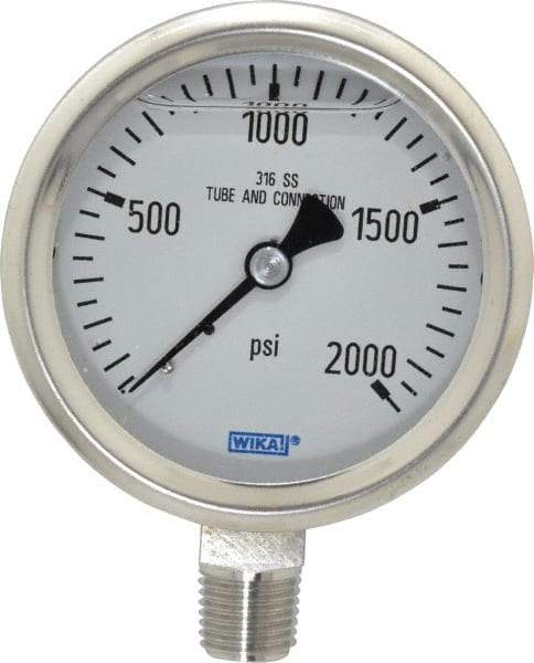 Wika - 2-1/2" Dial, 1/4 Thread, 0-2,000 Scale Range, Pressure Gauge - Lower Connection Mount, Accurate to 1.5% of Scale - All Tool & Supply