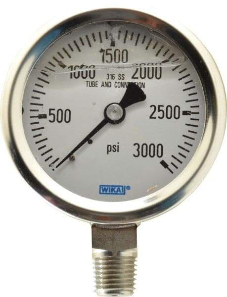 Wika - 2-1/2" Dial, 1/4 Thread, 0-3,000 Scale Range, Pressure Gauge - Lower Connection Mount, Accurate to 1.5% of Scale - All Tool & Supply