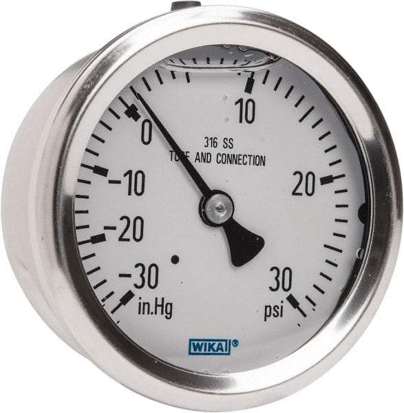 Wika - 2-1/2" Dial, 1/4 Thread, 30-0-30 Scale Range, Pressure Gauge - Center Back Connection Mount, Accurate to 1.5% of Scale - All Tool & Supply