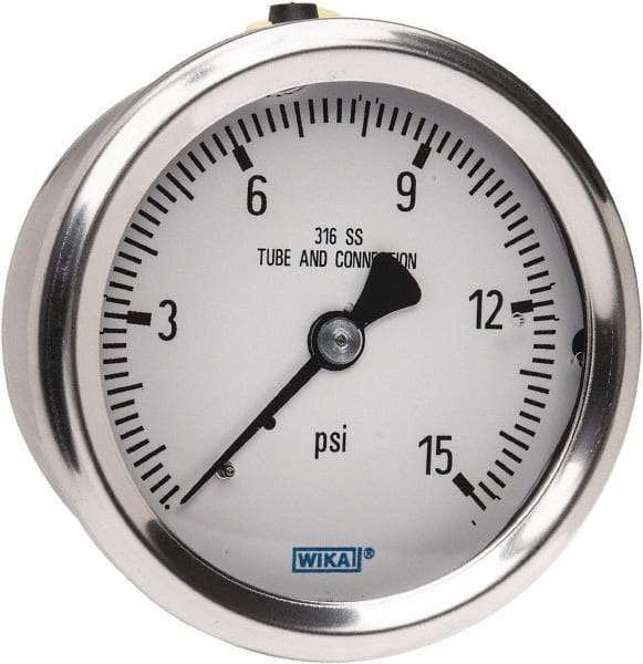 Wika - 2-1/2" Dial, 1/4 Thread, 0-15 Scale Range, Pressure Gauge - Center Back Connection Mount, Accurate to 1.5% of Scale - All Tool & Supply