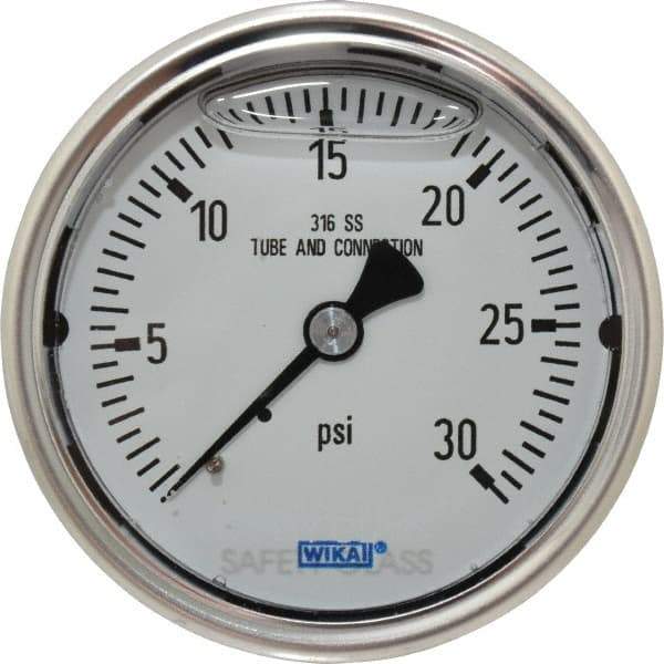 Wika - 2-1/2" Dial, 1/4 Thread, 0-30 Scale Range, Pressure Gauge - Center Back Connection Mount, Accurate to 1.5% of Scale - All Tool & Supply