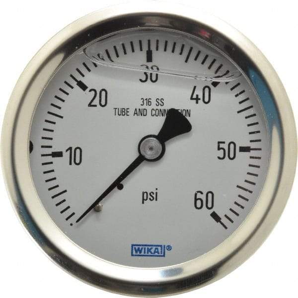 Wika - 2-1/2" Dial, 1/4 Thread, 0-60 Scale Range, Pressure Gauge - Center Back Connection Mount, Accurate to 1.5% of Scale - All Tool & Supply