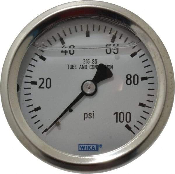 Wika - 2-1/2" Dial, 1/4 Thread, 0-100 Scale Range, Pressure Gauge - Center Back Connection Mount, Accurate to 1.5% of Scale - All Tool & Supply