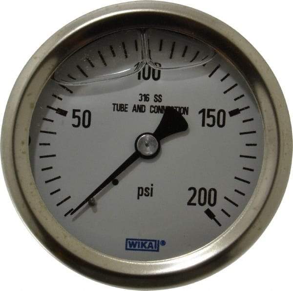 Wika - 2-1/2" Dial, 1/4 Thread, 0-200 Scale Range, Pressure Gauge - Center Back Connection Mount, Accurate to 1.5% of Scale - All Tool & Supply