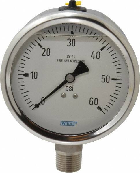 Wika - 4" Dial, 1/2 Thread, 0-60 Scale Range, Pressure Gauge - Lower Connection Mount, Accurate to 1% of Scale - All Tool & Supply