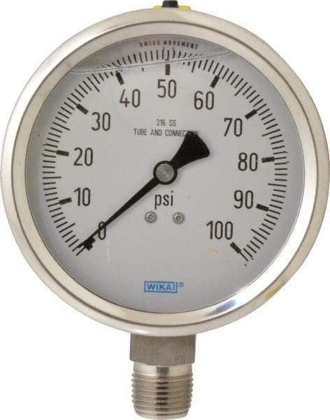 Wika - 4" Dial, 1/2 Thread, 0-100 Scale Range, Pressure Gauge - Lower Connection Mount, Accurate to 1% of Scale - All Tool & Supply