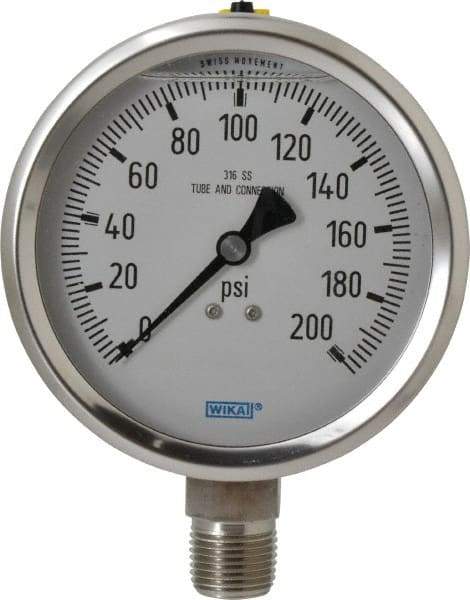 Wika - 4" Dial, 1/2 Thread, 0-200 Scale Range, Pressure Gauge - Lower Connection Mount, Accurate to 1% of Scale - All Tool & Supply