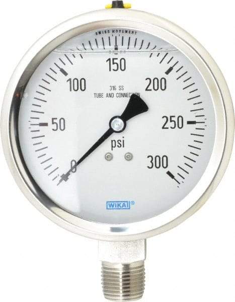 Wika - 4" Dial, 1/2 Thread, 0-300 Scale Range, Pressure Gauge - Lower Connection Mount, Accurate to 1% of Scale - All Tool & Supply