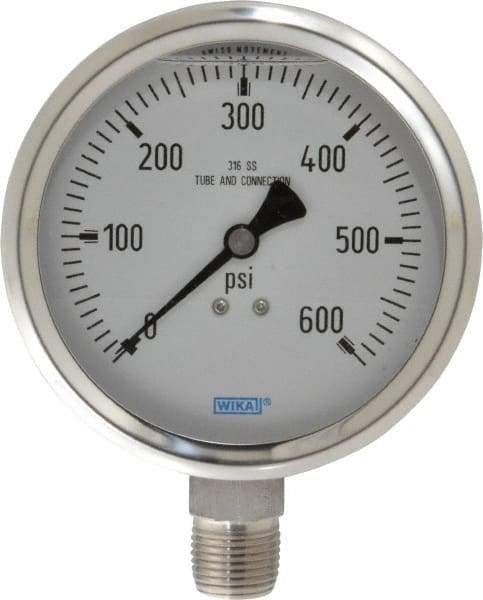 Wika - 4" Dial, 1/2 Thread, 0-600 Scale Range, Pressure Gauge - Lower Connection Mount, Accurate to 1% of Scale - All Tool & Supply