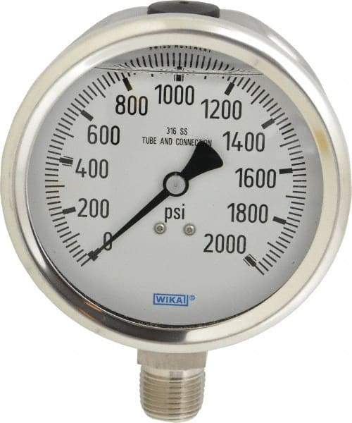 Wika - 4" Dial, 1/2 Thread, 0-2,000 Scale Range, Pressure Gauge - Lower Connection Mount, Accurate to 1% of Scale - All Tool & Supply