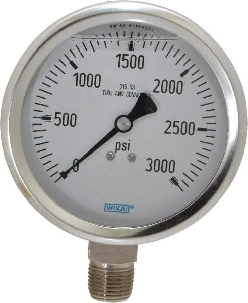 Wika - 4" Dial, 1/2 Thread, 0-3,000 Scale Range, Pressure Gauge - Lower Connection Mount, Accurate to 1% of Scale - All Tool & Supply