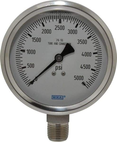 Wika - 4" Dial, 1/2 Thread, 0-5,000 Scale Range, Pressure Gauge - Lower Connection Mount, Accurate to 1% of Scale - All Tool & Supply